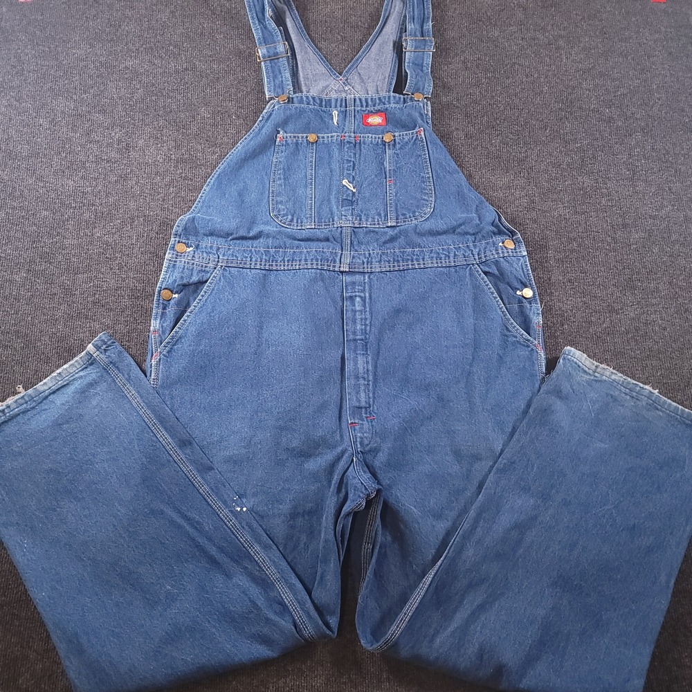 Dickies Bib Overalls Mens 46x32 Blue Workwear Wide‎ Leg Carpenter Utility Cargo